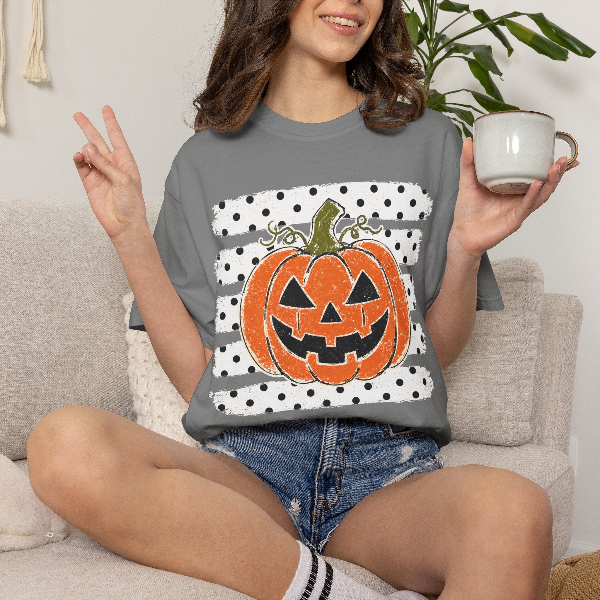 Polka Dot Stripes Pumpkin Comfort Color T-Shirt