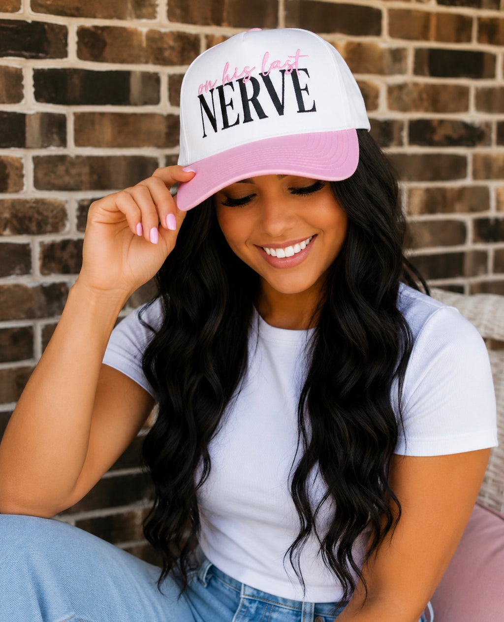 On His Last Nerve Pink Embroidered Snapback Hat | Funny Wife Trucker Cap