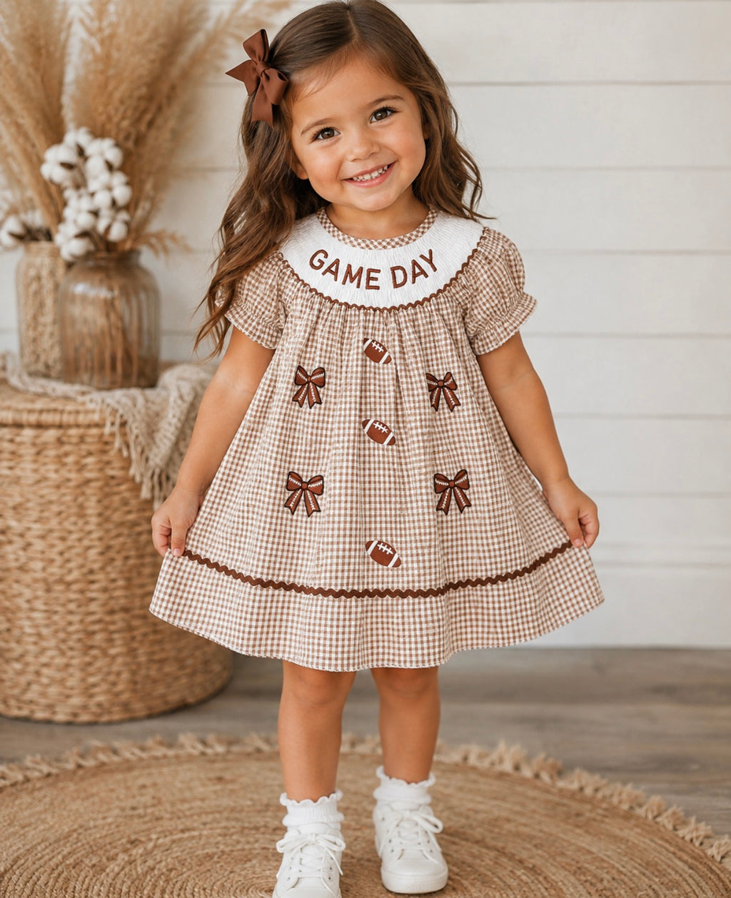 Children's Gingham Football Puff Sleeve Dress